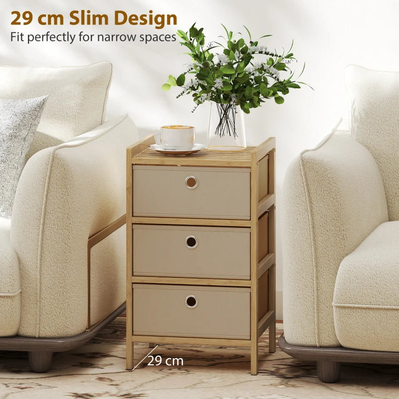 Slim cream white dresser with bamboo frame and three fabric drawers for narrow spaces