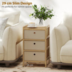 Slim cream white dresser with bamboo frame and three fabric drawers for narrow spaces
