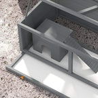 Grey wooden hamster cage ramp and hut detail with internal divider and platform