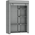 Light grey fabric wardrobe cabinet with open shelves and top hanging rail