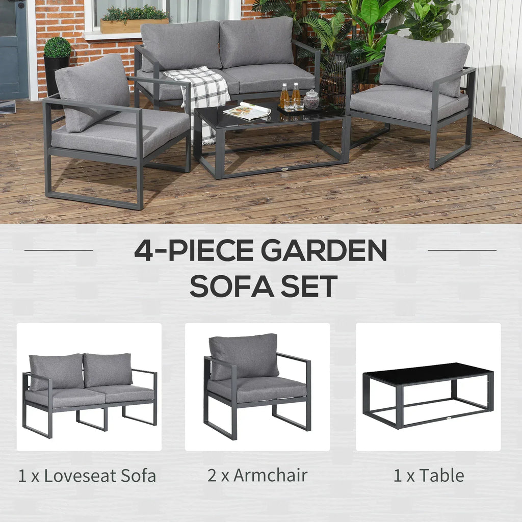 4 Pieces Garden Sofa Set 2 Single Armchair 1 Bench & Side Table Set Aluminium Frame Patio Furniture with Cushions Grey - Bobobiy