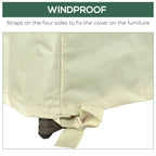 Beige chair cover with a fastening strap tied around a chair leg