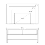 Rustic TV stand cabinet dimensions: 100 cm wide base with open center and two shelves.