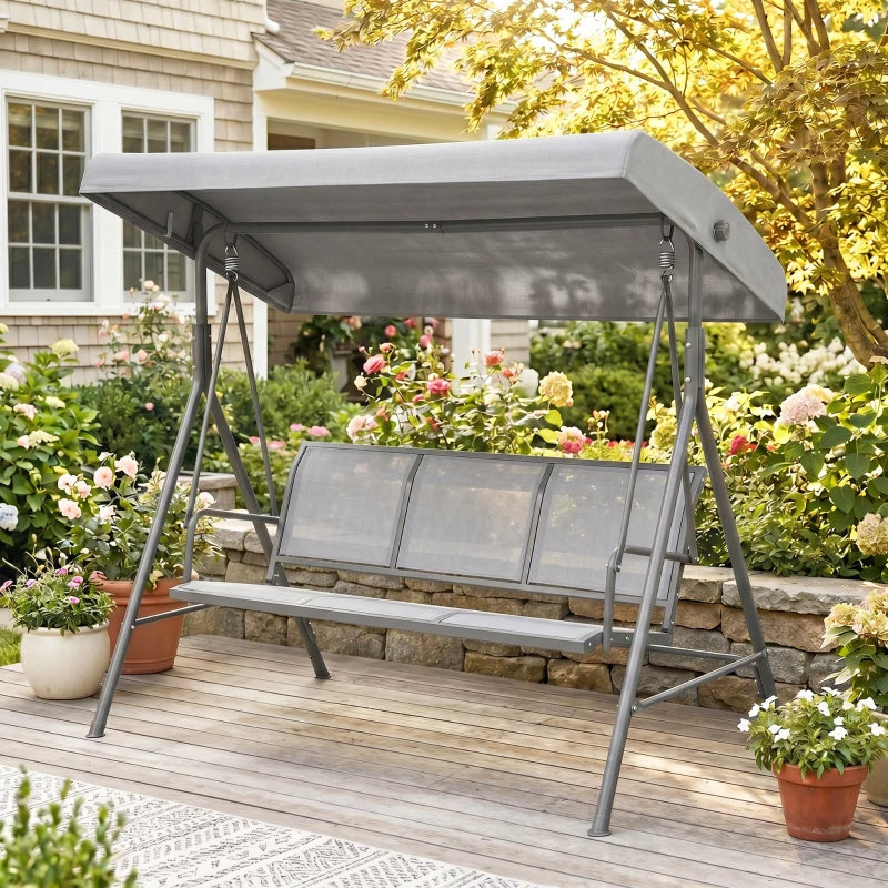 3 Seater Swing Chair, Garden Swing Bench with Canopy, Breathable Mesh Seat and Heavy Duty Steel Frame for Patio, Yard, Grey