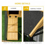 Outdoor rabbit hutch details: ramp entrance and dark asphalt roof on wooden frame