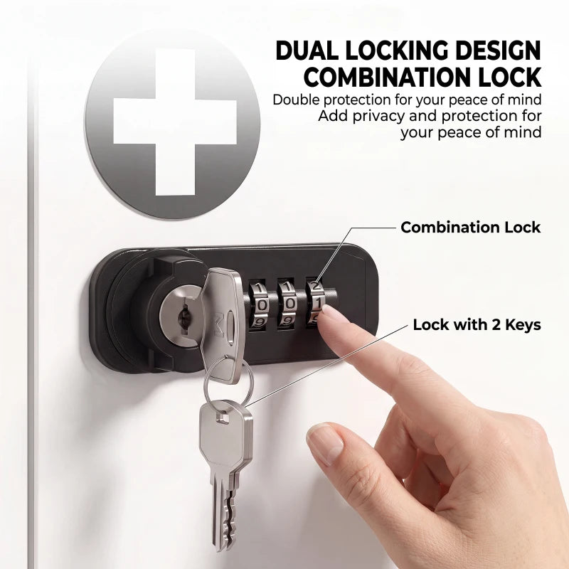 Combination lock with 2 keys on white medicine cabinet door