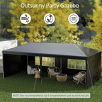 Black outdoor party tent gazebo with transparent windows and interior seating set