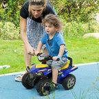 Blue ride-on quad bike with yellow seat, front headlights, chunky tires, for outdoor use