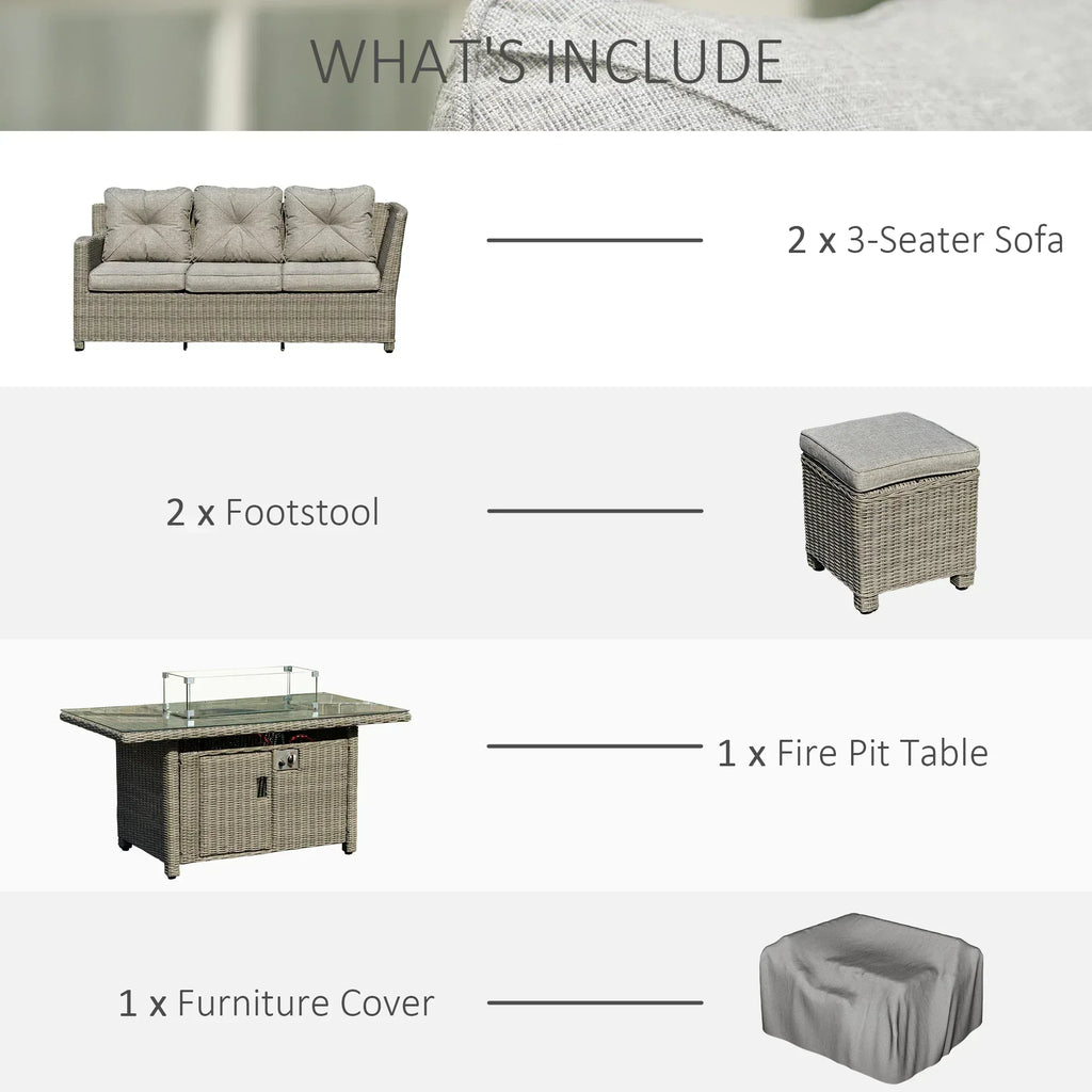 8-Seater Outdoor PE Rattan Sofa Set Conversation Set w/ Fire Pit Table, L-Shape Sofa, Footstool and Furniture Cover - Bobobiy