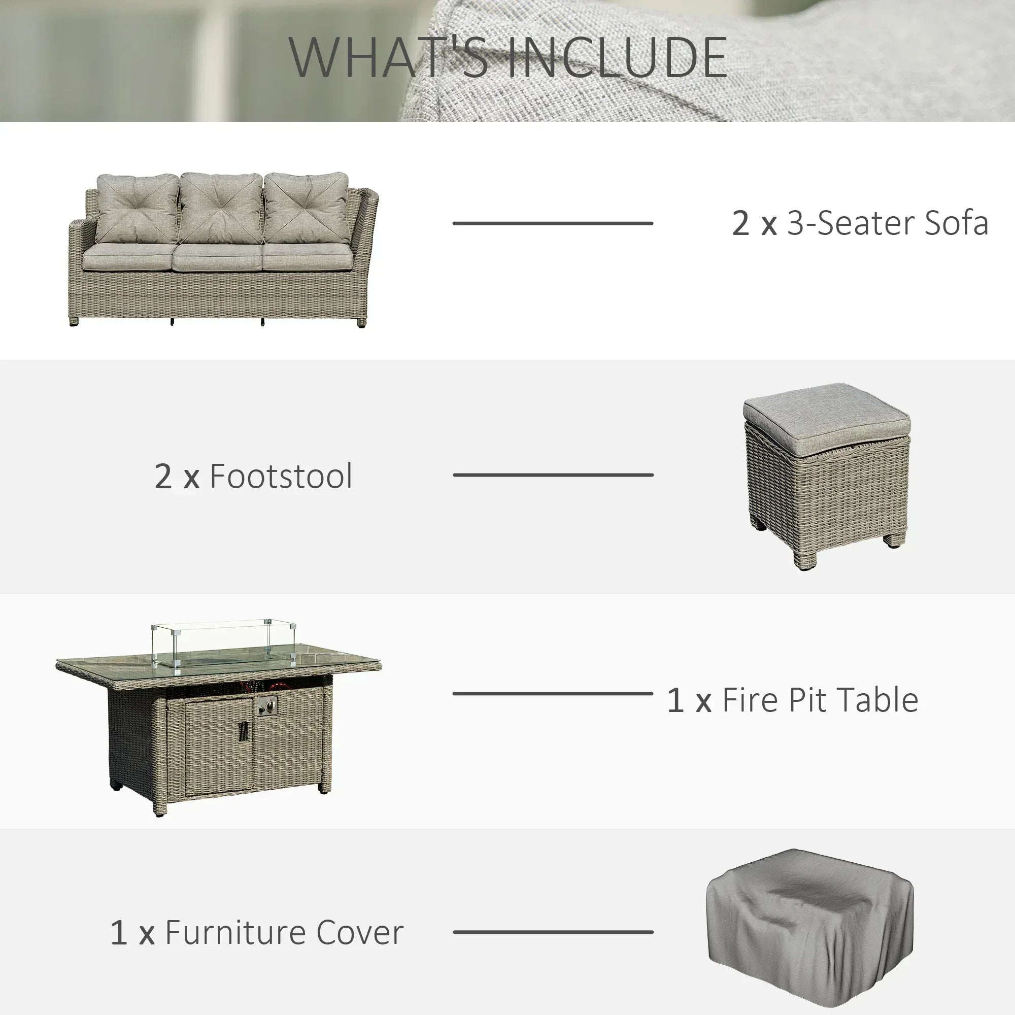 8-Seater Outdoor PE Rattan Sofa Set Conversation Set w/ Fire Pit Table, L-Shape Sofa, Footstool and Furniture Cover - Bobobiy