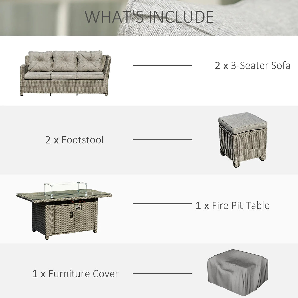 Grey rattan set contents: two three-seat sofas, two footstools, fire pit table and cover