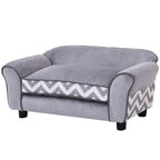 Grey pet sofa bed with cushioned arms and chevron-pattern front seat insert