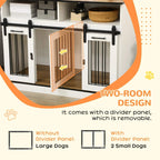 White two-room dog crate furniture with movable divider panel and black bar doors