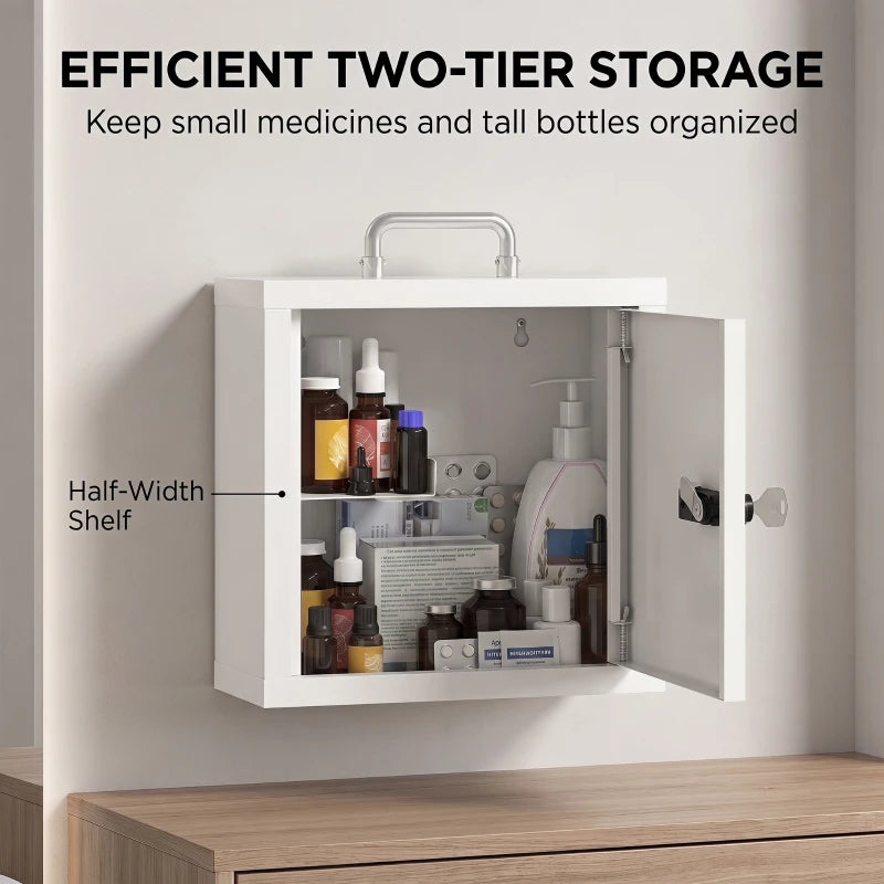 White two-tier medicine cabinet open with bottles and organizer items inside
