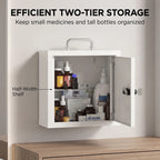 White two-tier medicine cabinet open with bottles and organizer items inside