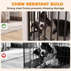 White chew-resistant dog crate with black metal bars, dog reaching through front