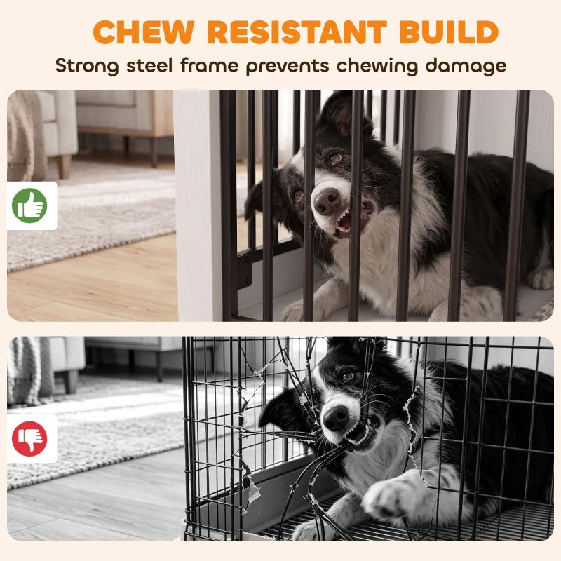 White chew-resistant dog crate with black metal bars, dog reaching through front