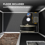 Black shed interior with included floor panel and covered storage area