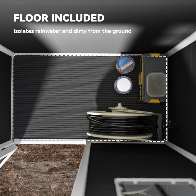Black shed interior with included floor panel and covered storage area