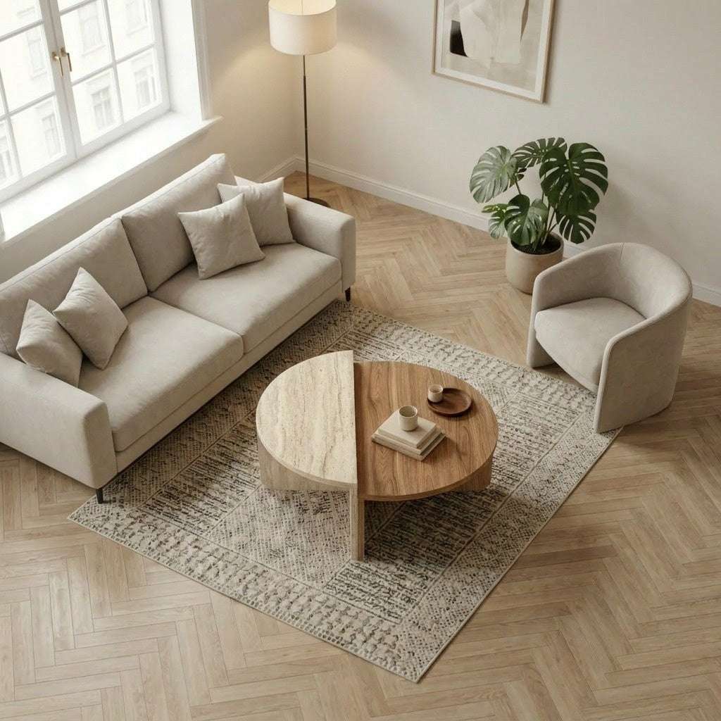 Modern round coffee table with stone top, rounded legs, and warm wood lower shelf