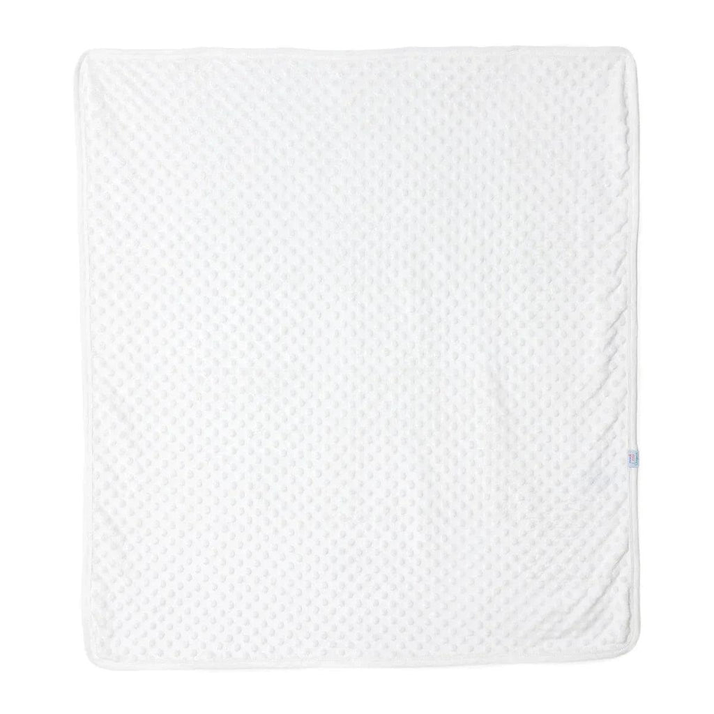 Ecru fleece baby blanket with textured dot surface, square design, stitched edges