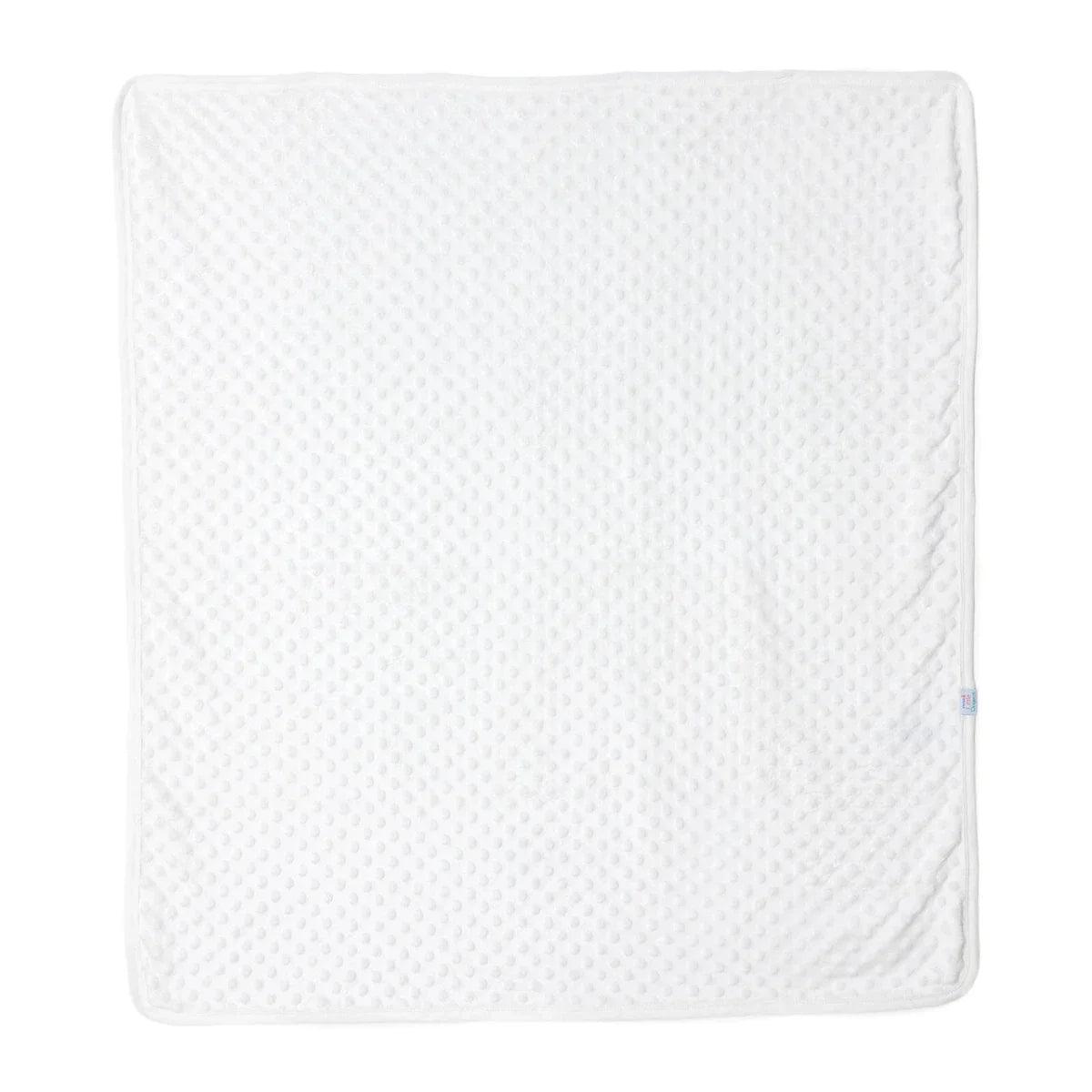 Ecru fleece baby blanket with textured dot surface, square design, stitched edges