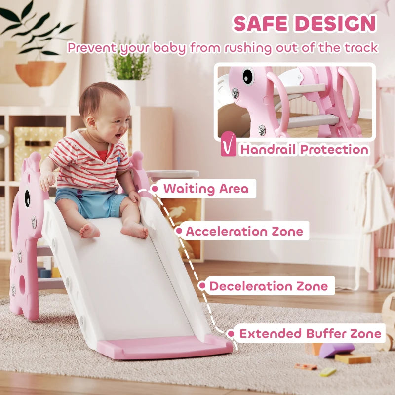 Pink kids slide with handrails and giraffe climber, white ramp and basketball hoop