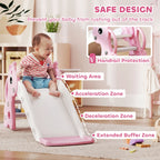 Pink kids slide with handrails and giraffe climber, white ramp and basketball hoop