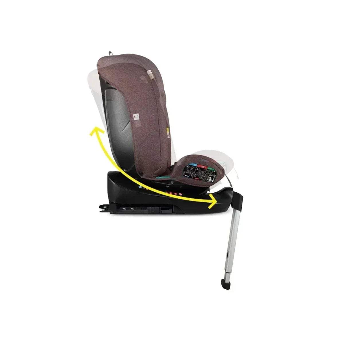 Brown 360° rotating car seat showing recline adjustment, Group 0+/1/2/3