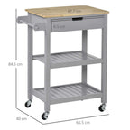 Grey kitchen trolley with rubberwood worktop, towel bar, slatted shelves, and drawer