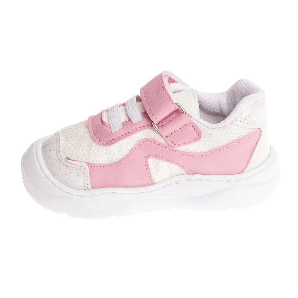 Girls first-step sneakers, pink-and-white, top view angle, hook-and-loop closure