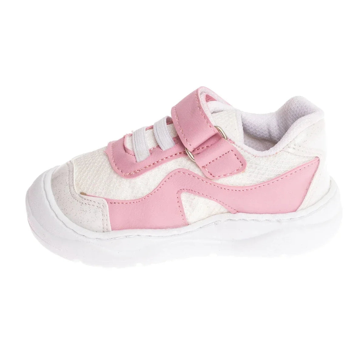 Girls first-step sneakers, pink-and-white, top view angle, hook-and-loop closure