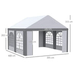 Light grey gazebo with side panels and arched windows, front and side view dimensions