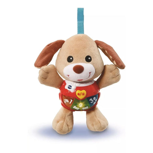 Brown-and-cream puppy plush with hanging loop and red activity shirt