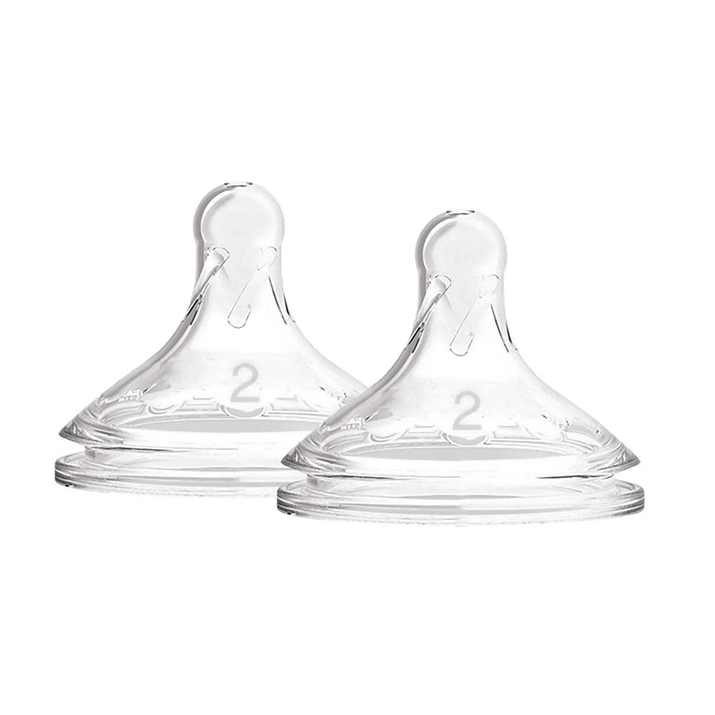 Pair of wide-neck baby bottle teats, clear silicone, marked level 2
