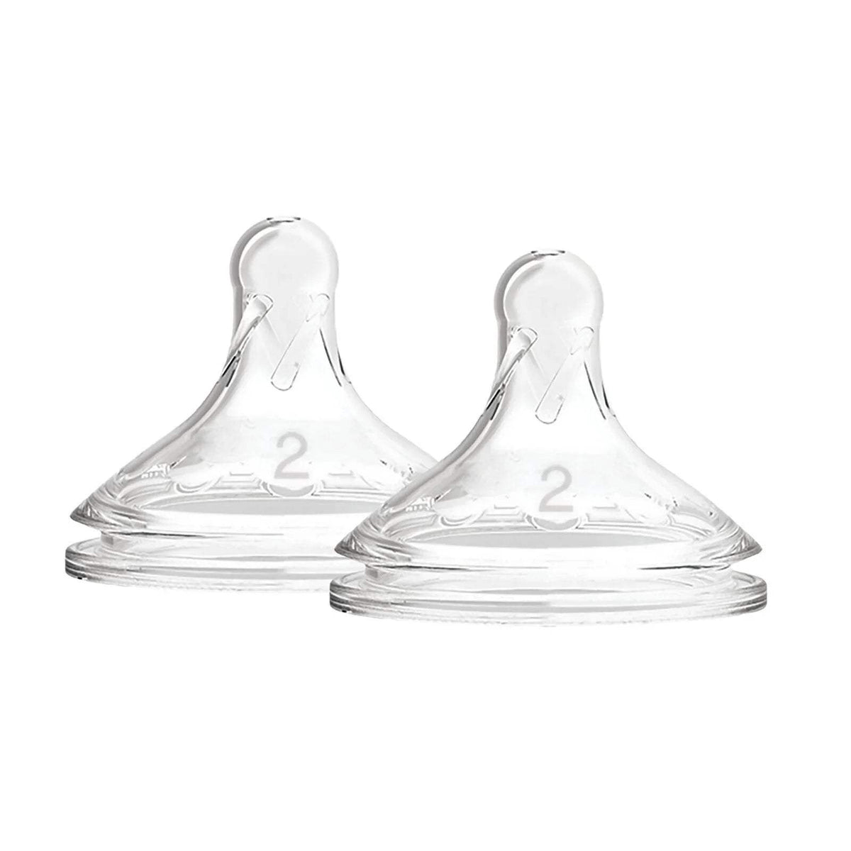 Pair of wide-neck baby bottle teats, clear silicone, marked level 2