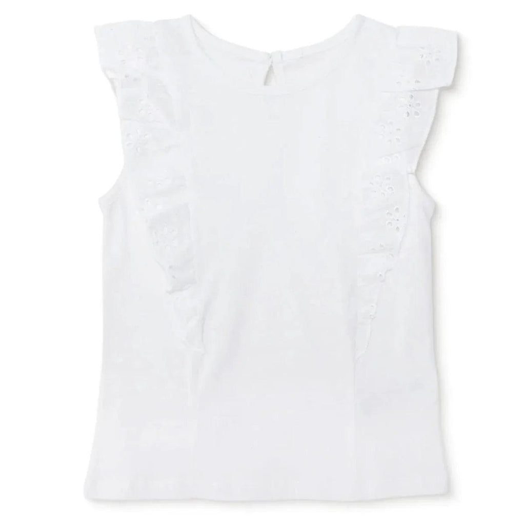 Off-white short-sleeve baby blouse with ruffled sleeves and buttoned keyhole neckline.