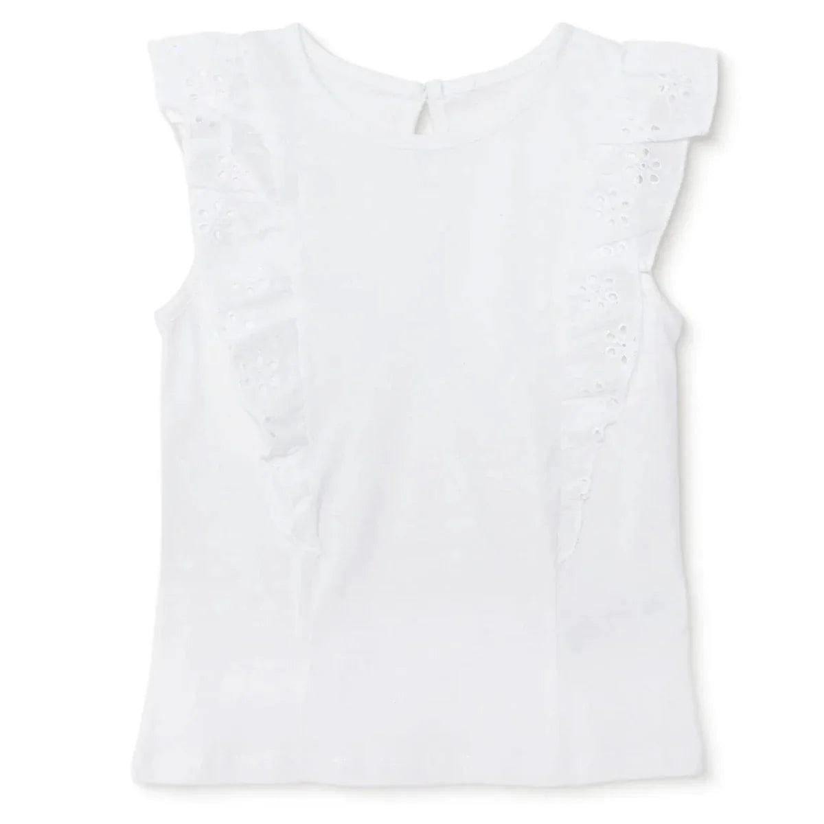 Off-white short-sleeve baby blouse with ruffled sleeves and buttoned keyhole neckline.