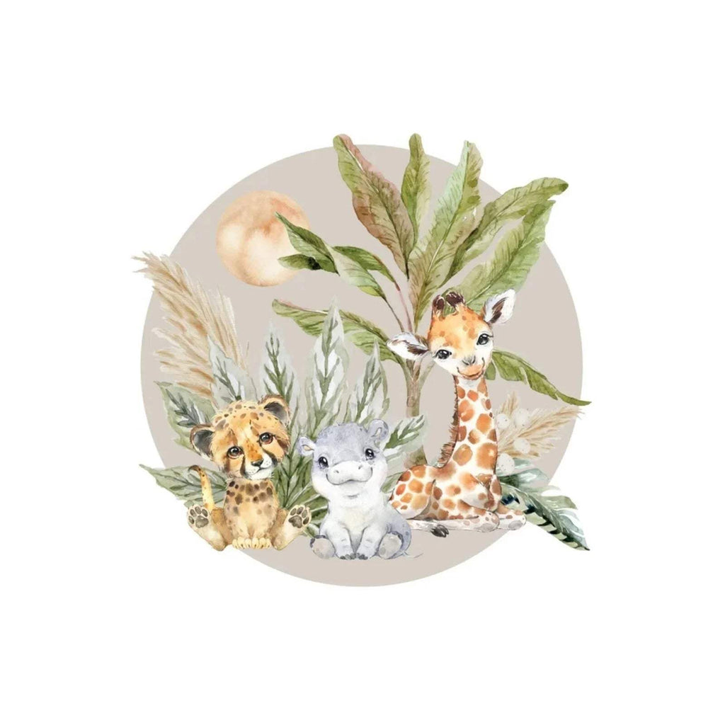 Round safari animal wall sticker showing giraffe, lion, koala, and forest foliage