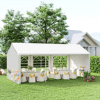 White outdoor event gazebo with clear window panels and gabled roof, open front