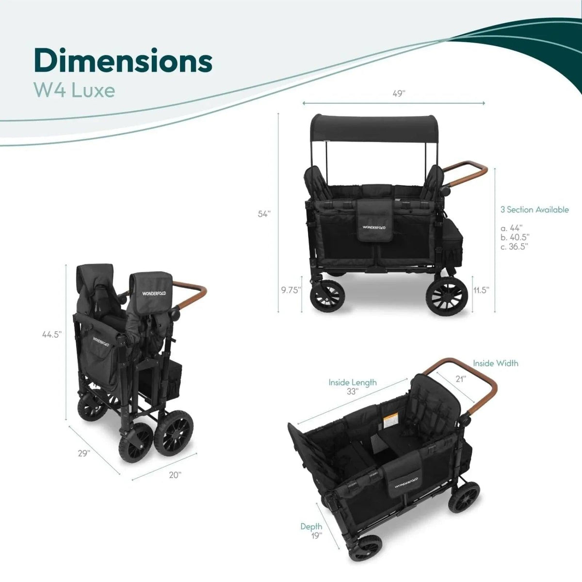 Jet black stroller wagon with canopy and handlebar, side and angled views with dimensions