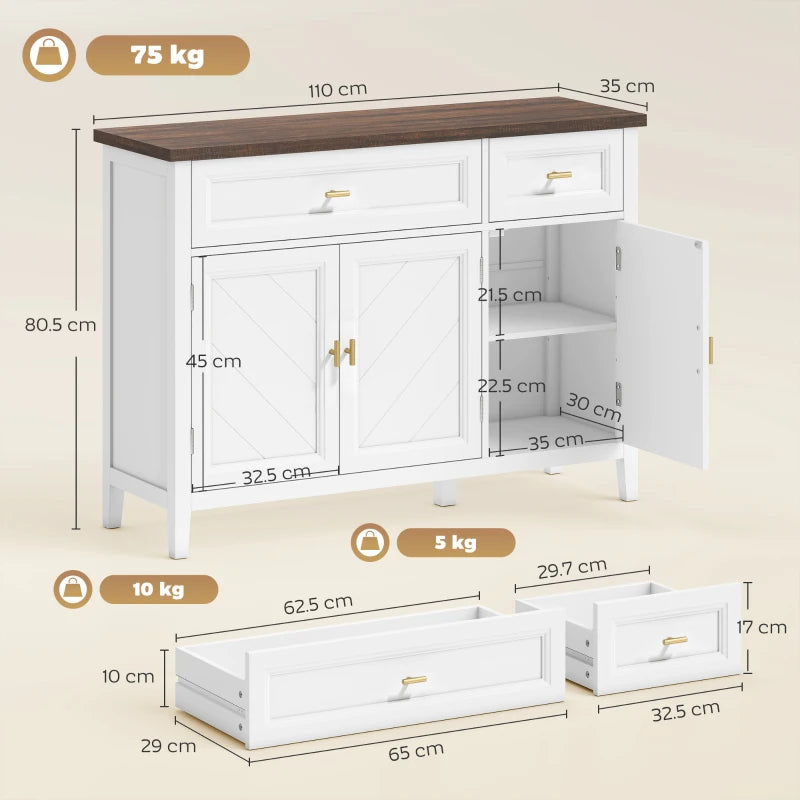 White sideboard with brown top, open doors and drawers, showing interior shelving space.