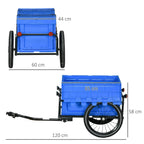 Blue 65L bike trailer storage box with steel frame, size diagram and wheels