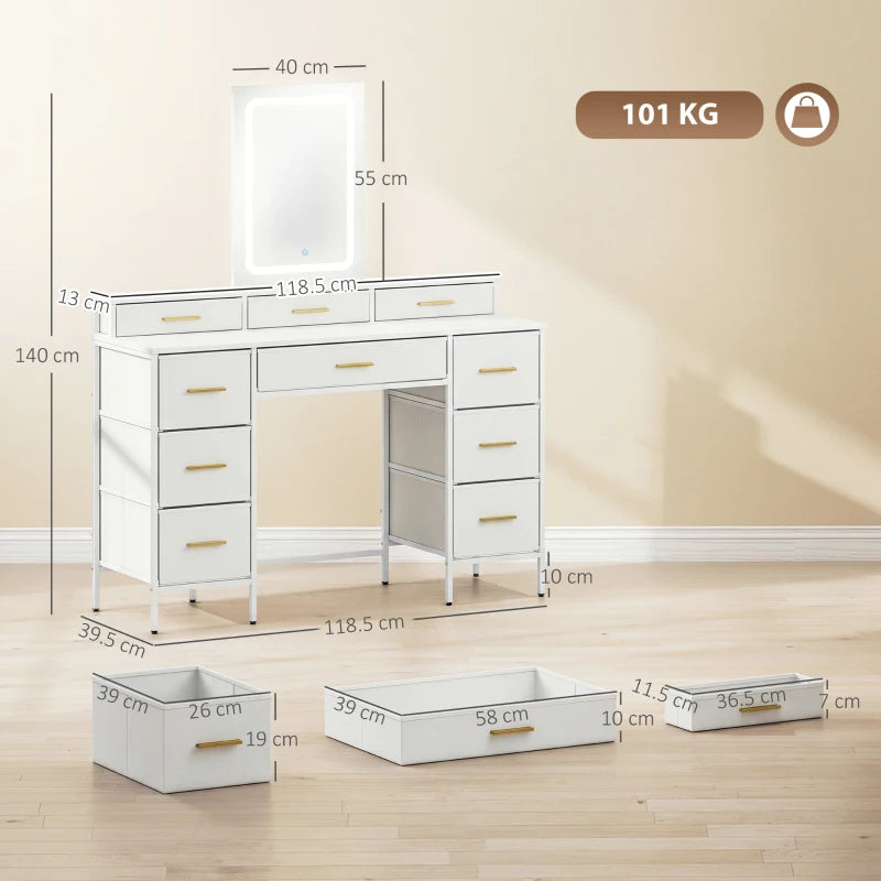 White vanity dressing table with central LED mirror and drawer cabinets