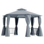 Grey hexagon gazebo patio canopy with 2-tier roof and hanging side curtains, open front