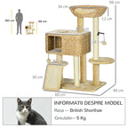 Beige multi-level cat tree tower with woven cat house, platforms, and hanging toy ball