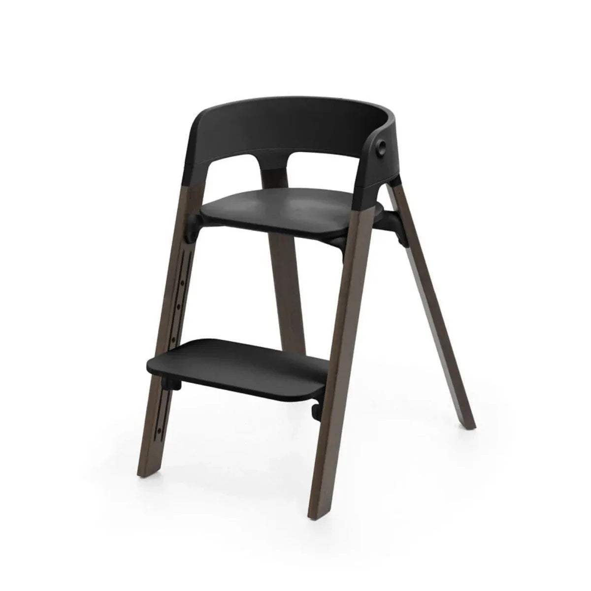 Black highchair with compact two-level design, rounded seat, warm brown legs