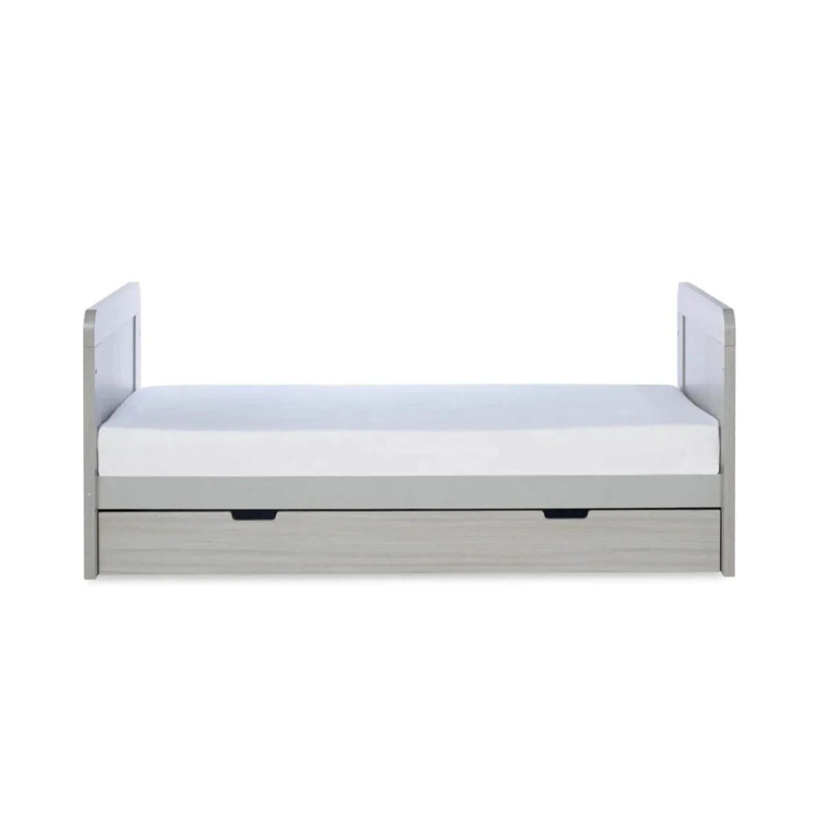 Ash grey cot bed frame with padded-looking insert and under-drawer storage