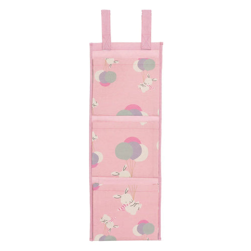 Pink fabric hanging organizer with multiple patch pockets and animal-and-balloon print