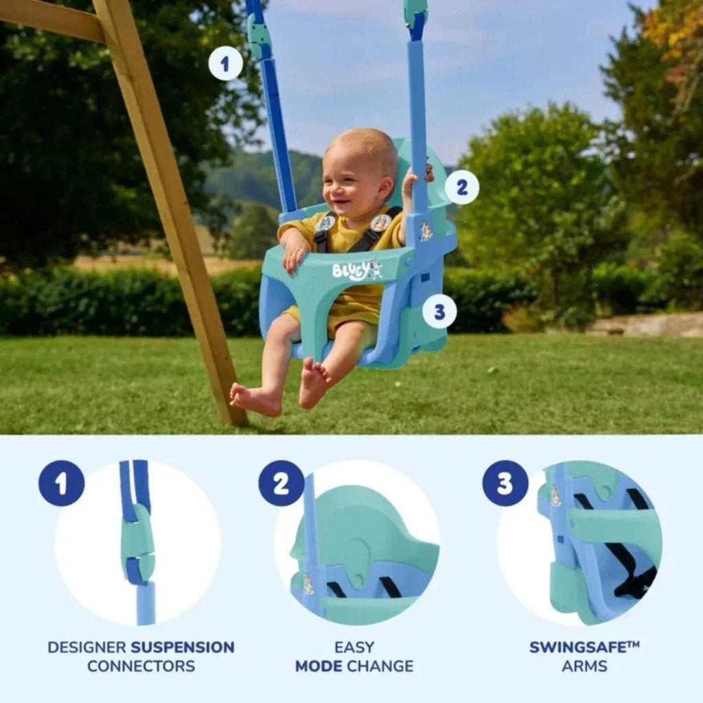 Turquoise and blue growable swing seat with safety arms and adjustable headrest
